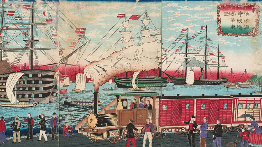 明治時代 浮世絵に描かれた横浜の鉄道と船